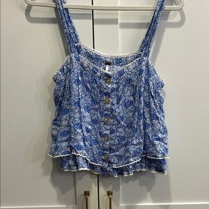 Free People Blue and White Floral Buttoned Blouse